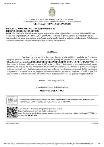 PREGÃO ELETRÔNICO Nº 023/2026 - CERTIDÃO DE PEDIDO DE DESCLASSIFICAÇÃO - A FRENTE SOLUCOES INTEGRADAS LTDA - ITEM 1
