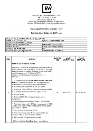 PREGÃO ELETRÔNICO Nº 043/2021 - PROPOSTA RETIFICADA - ELIFRANCK