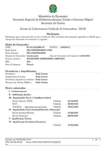 TOMADA DE PREÇOS Nº 002/2021 - SICAF E CNDT - SBA