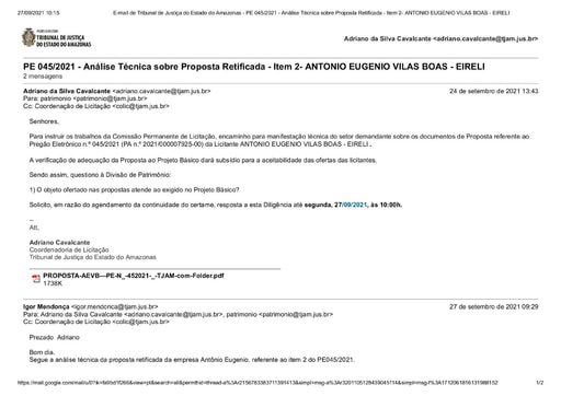 PREGÃO ELETRÔNICO Nº 045/2021 – DILIGÊNCIA COLIC À DIVISÃO DE PATRIMÔNIO - PROPOSTA RETIFICADA ITEM 2- ANTONIO