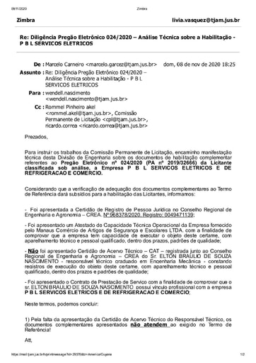 PREGÃO ELETRÔNICO Nº 024/2020 - DILIGÊNCIA CPL À DIVISÃO DE ENGENHARIA - DOCUMENTAÇÃO - P B L SERVIÇOS