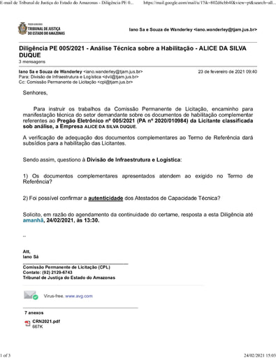 PREGÃO ELETRÔNICO Nº 005/2021 - DILIGÊNCIA CPL À DIVISÃO DE INFRAESTRUTURA E LOGÍSTICA - DOCUMENTOS COMPLEMENTARES - ALICE DA SILVA DUQUE