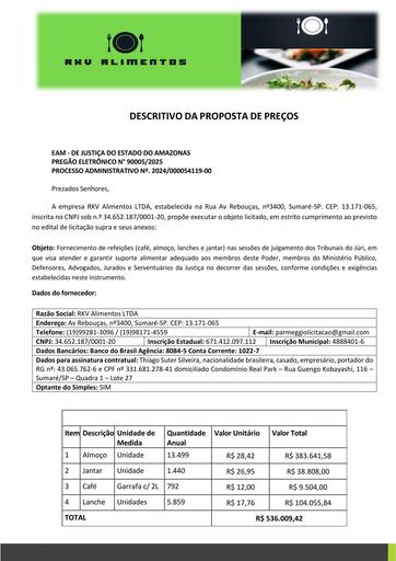 PREGÃO ELETRÔNICO Nº 005/2025 - PROPOSTA - RKV ALIMENTOS LTDA