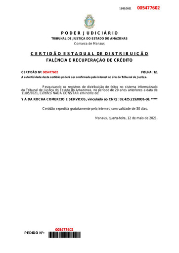 PREGÃO ELETRÔNICO Nº 017/2021 - DOCS. RETIRADOS DO SICAF E SITES - Y A DA ROCHA