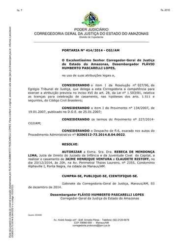 Portaria nº414/2014-CGJ/AM (Autoriza a Dra. Rebeca de Mendonça Lima a realizar o casamento no dia 20/12/2014)