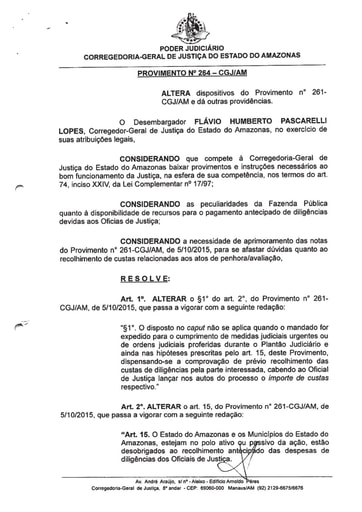 PROVIMENTO 264 - Altera dispositivos do Provimento nº 261-CGJ/AM