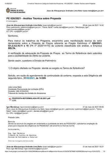 PREGÃO ELETRÔNICO Nº 026/2021 - DILIGÊNCIA CPL À DIVISÃO DE PATRIMÔNIO - PROPOSTA - G1 , 2, 4, 8, 10 , 11, 15 - DELTA