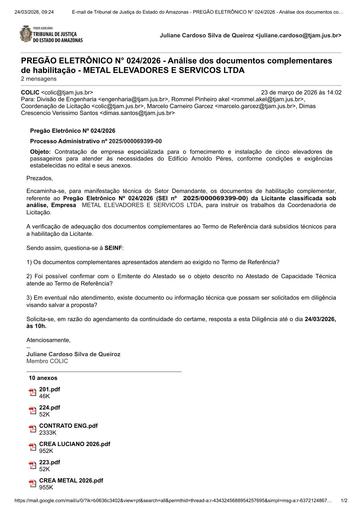 PREGÃO ELETRÔNICO Nº 024/2026 - DILIGÊNCIA COLIC À SEINF - DOCUMENTAÇÃO COMPLEMENTAR DE HABILITAÇÃO - METAL ELEVADORES E SERVICOS LTDA