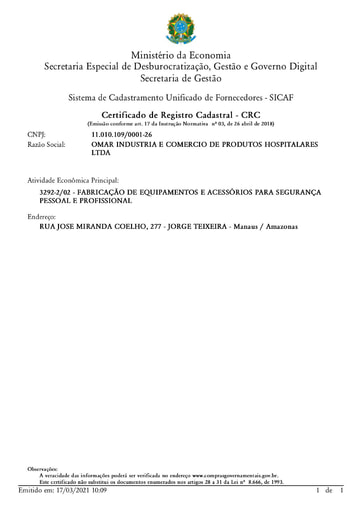 PREGÃO ELETRÔNICO Nº 002/2021 - HABILITAÇÃO - SICAF E CNDT - ITEM 1 - OMAR INDUSTRIA (VIMED INDUSTRIA)