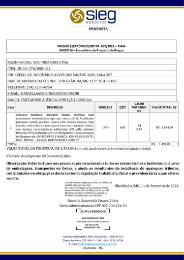PREGÃO ELETRÔNICO Nº 002/2021 - PROPOSTA RETIFICADA - ITEM 2 - SIEG NEGÓCIOS