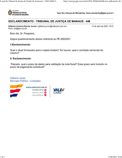 PREGÃO ELETRÔNICO Nº 009/2021 - PEDIDO DE ESCLARECIMENTO - VALE CARD
