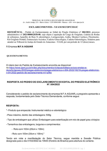 PREGÃO ELETRÔNICO Nº 04/2022 - RESPOSTA AO PEDIDO DE ESCLARECIMENTO - M.F.A