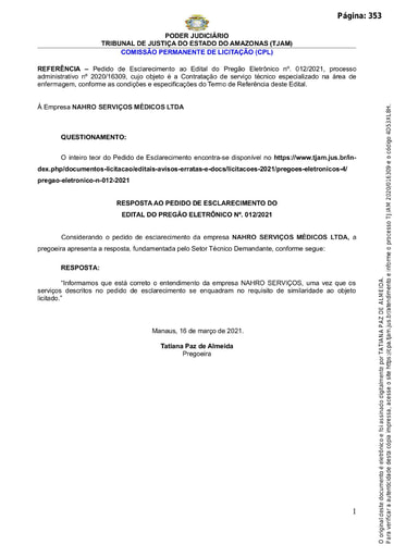 PREGÃO ELETRÔNICO Nº 012/2021 – RESPOSTA AO PEDIDO DE ESCLARECIMENTO - NAHRO SERVIÇOS