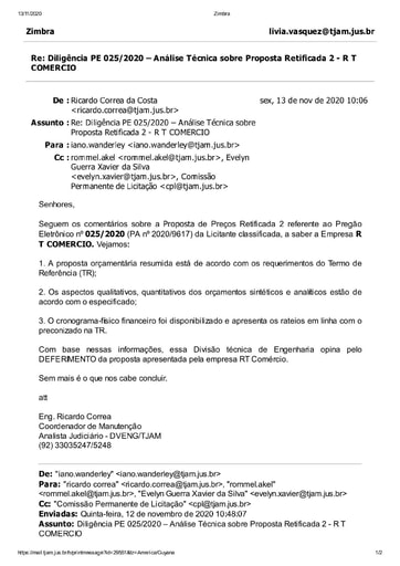 PREGÃO ELETRÔNICO Nº 025/2020 - DILIGÊNCIA CPL À DIVISÃO DE ENGENHARIA - PROPOSTA RETIFICADA 2 - R T COMERCIO