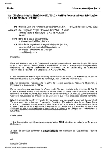 PREGÃO ELETRÔNICO Nº 023/2020 - DILIGÊNCIA CPL À DIVISÃO DE ENGENHARIA - DOCUMENTAÇÃO - J F A DE MORAIS