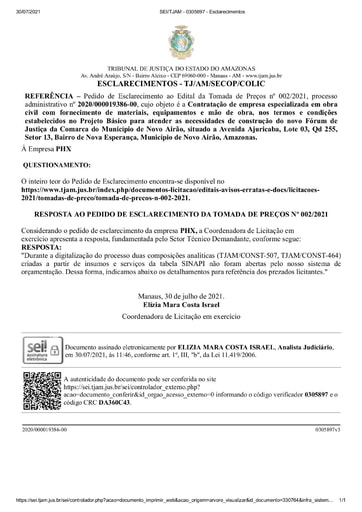 TOMADA DE PREÇOS Nº 002/2021 - RESPOSTA AO PEDIDO DE ESCLARECIMENTO - PHX