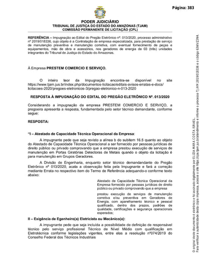 PREGÃO ELETRÔNICO Nº 013/2020 - RESPOSTA AO PEDIDO DE IMPUGNAÇÃO - PRESTEM COMERCIO