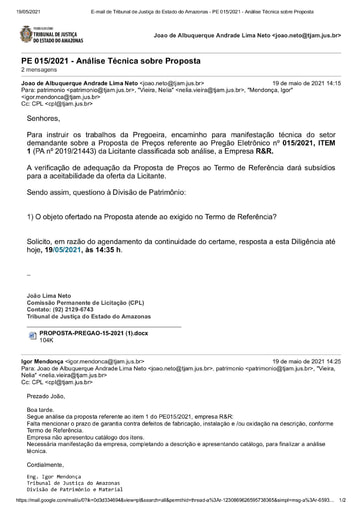 PREGÃO ELETRÔNICO Nº 015/2021 - DILIGÊNCIA CPL À DIVISÃO DE PATRIMÔNIO - PROPOSTA - ITEM 1 - R&R