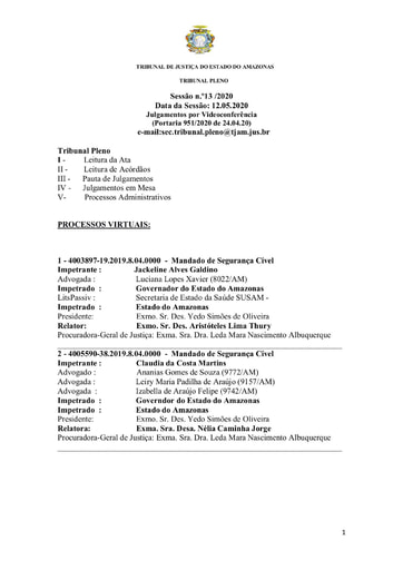 Pauta do Tribunal Pleno de 12 05 2020