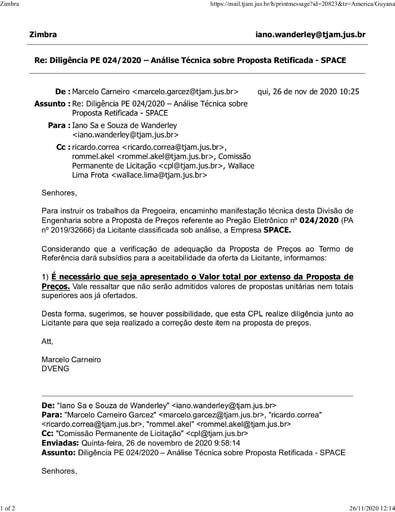 PREGÃO ELETRÔNICO Nº 024/2020 - DILIGÊNCIA CPL À DIVISÃO DE ENGENHARIA - PROPOSTA RETIFICADA - SPACE