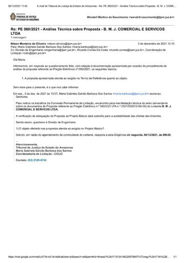 PREGÃO ELETRÔNICO Nº 60/2021 - DILIGÊNCIA COLIC À SECRETARIA DE INFRAESTRUTURA - PROPOSTA - B.M.J COMERCIAL