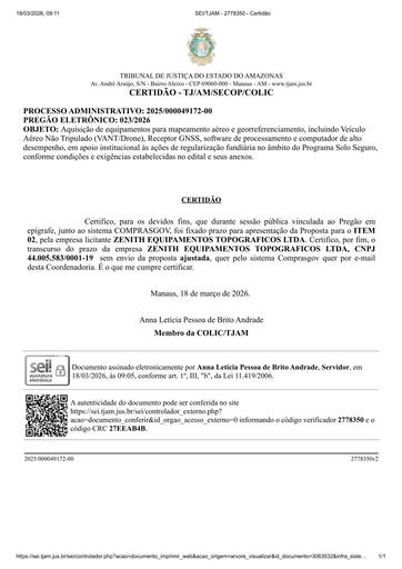PREGÃO ELETRÔNICO Nº 023/2026 - CERTIDÃO DE DECURSO DE PRAZO - ZENITH EQUIPAMENTOS TOPOGRAFICOS LTDA - ITEM 2