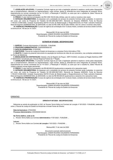 ERRATA Nº 007.2026 (PUBLICAÇÃO) - 3º TERMO ADITIVO - CTL Nº 001.2023 - FUNJEAM x ISMAEL FARIAS DE OLIVEIRA.pdf