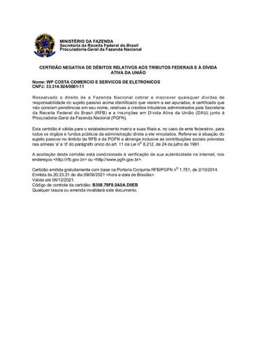 PREGÃO ELETRÔNICO Nº 026/2021 - HABILITAÇÃO - EXTRAÍDOS DO SICAF E SITES - GRUPO 13 - WP COSTA