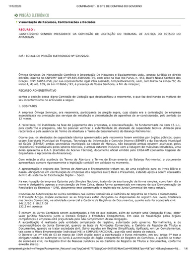 PREGÃO ELETRÔNICO Nº 024/2020 – RAZÕES RECURSAIS - OMEGA SERVIÇOS