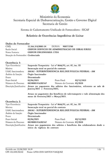 PREGÃO ELETRÔNICO Nº 039/2021 - SUSPENSÃO - GRIFON