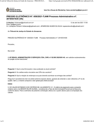 PREGÃO ELETRÔNICO Nº 009/2021 - PEDIDO DE ESCLARECIMENTO - UP BRASIL
