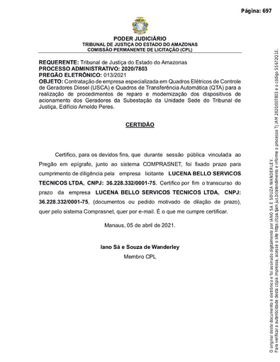 PREGÃO ELETRÔNICO Nº 013/2021 - CERTIDÃO DE DECURSO DE PRAZO - LUCENA