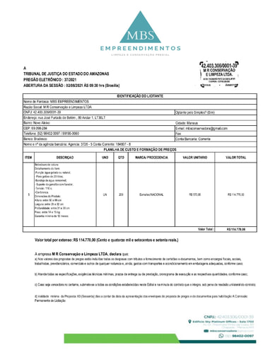 PREGÃO ELETRÔNICO Nº 037/2021 – DILIGÊNCIA CPL À DIVISÃO DE PATRIMÔNIO - PROPOSTA RETIFICADA - ITEM 5 - M R CONSERVAÇÃO