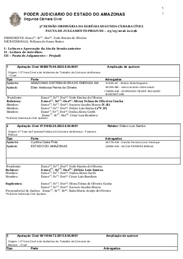 Pauta de Julgamento da Sessão Ordinária da Egrégia Segunda Câmara Cível - 23.03.2026 - PRESENCIAL - Plenário do Tribunal Pleno