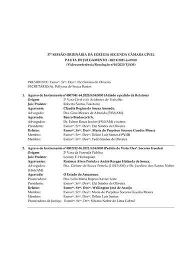 Pauta de Julgamento da Sessão Ordinária da Segunda Câmara Cível -  08.11.2021 (Videoconferência)