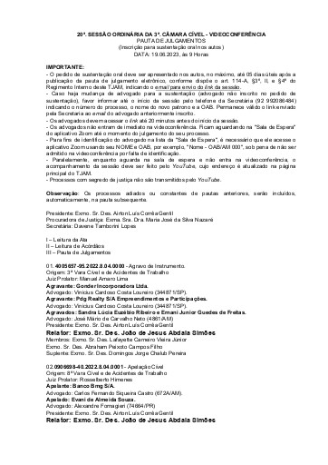 20a Sessão Ordinária da Terceira Câmara Cível - VIA VIDEOCONFERÊNCIA - Data: 19.06.2023 Hora: 09:00 Horas (horário local)