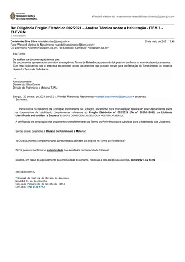 PREGÃO ELETRÔNICO Nº 002/2021 – DILIGÊNCIA CPL À DIVISÃO DE PATRIMÔNIO - DOCUMENTOS COMPLEMENTARES - ITEM 7 - ELEVONI
