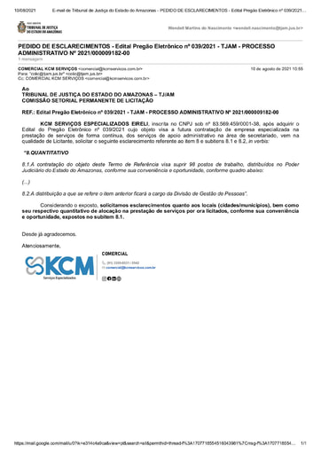 PREGÃO ELETRÔNICO Nº 039/2021 - PEDIDO DE ESCLARECIMENTO - KCM