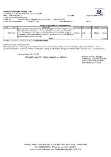PREGÃO ELETRÔNICO Nº 45/2021 - PROPOSTA RETIFICADA - ITEM 7 - FRANCISCO