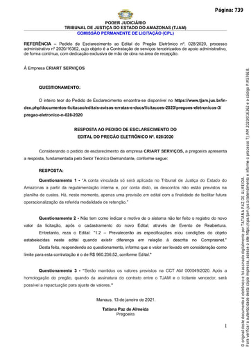 PREGÃO ELETRÔNICO Nº 028/2020 - RESPOSTA AO PEDIDO DE ESCLARECIMENTO - CRIART SERVIÇOS