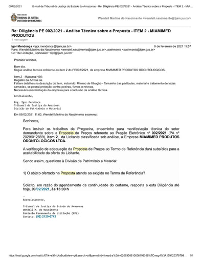 PREGÃO ELETRÔNICO Nº 002/2021 – DILIGÊNCIA CPL À DIVISÃO DE PATRIMÔNIO E MATERIAL - PROPOSTA  -  ITEM 2 - MIAMIMED PRODUTOS