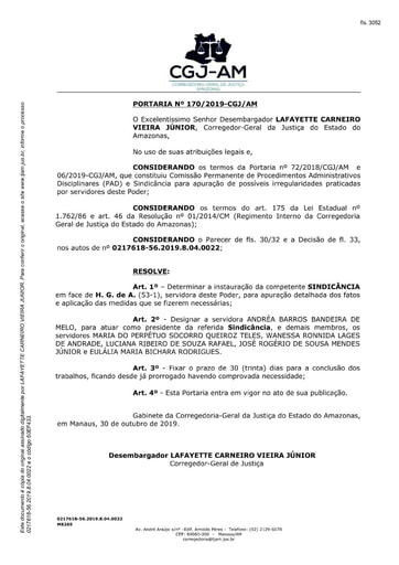 Portaria nº170/2019-CGJ/AM (Instaura Sindicância - Processo nº 0217618-56.2019.8.04.0022)