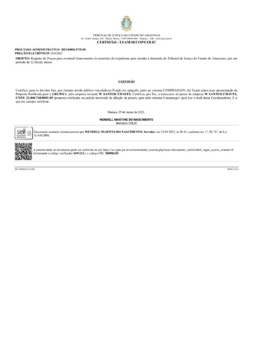PREGÃO ELETRÔNICO Nº 018/2022 - CERTIDÃO DE DECURSO DE PRAZO - GRUPO 1 - W SANTOS CHAVES
