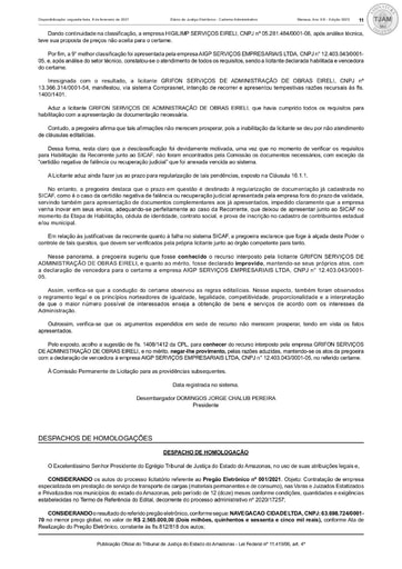 PREGÃO ELETRÔNICO Nº 001/2021 – DESPACHO DE HOMOLOGAÇÃO (DJE)
