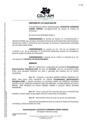 Portaria nº177/2019-CGJ/AM (Instaura Procedimento Administrativo Disciplinar - PAD; Processo nº 0210321-95.2019.8.04.0022)