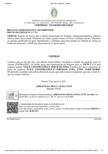 PREGÃO ELETRÔNICO Nº 037/2021 - CERTIDÃO DECURSO DE PRAZO - ITENS 2 E 5 - TUIUE