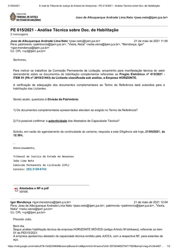 PREGÃO ELETRÔNICO Nº 015/2021 - DILIGÊNCIA CPL À DIVISÃO DE PATRIMÔNIO - HABILITAÇÃO - ITEM 1 - HORIZONTE