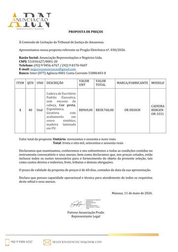 PREGÃO ELETRÔNICO Nº 030/2026 - PROPOSTA - ANUNCIACAO REPRESENTACOES E NEGOCIOS LTDA