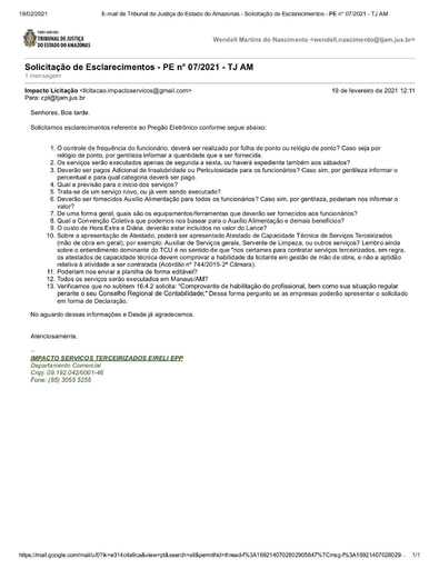 PREGÃO ELETRÔNICO Nº 007/2021 – PEDIDO DE ESCLARECIMENTO - IMPACTO SERVIÇOS