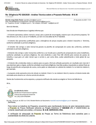 PREGÃO ELETRÔNICO Nº 028/2020 - DILIGÊNCIA CPL À DIVISÃO DE INFRAESTRUTURA E LOGÍSTICA - PROPOSTA RETIFICADA - M & M SERVIÇOS